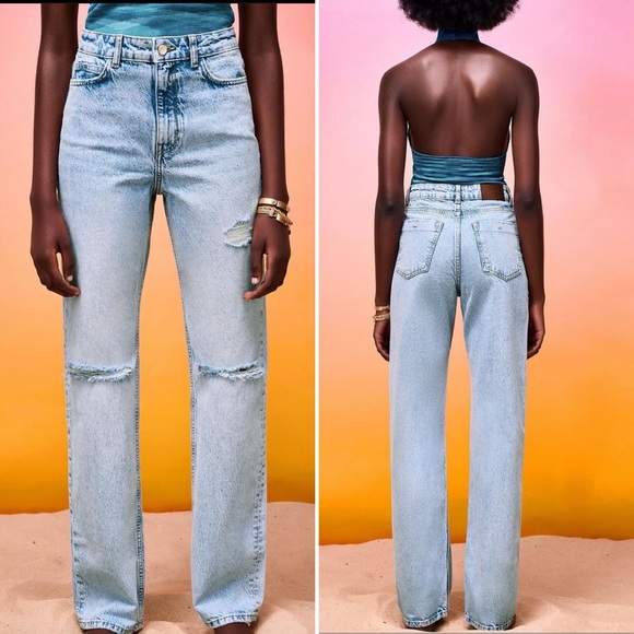 Zara Denim - ZARA Womens High Rise Straight Jeans Size US 4 Light Blue Acid Wash Distressed